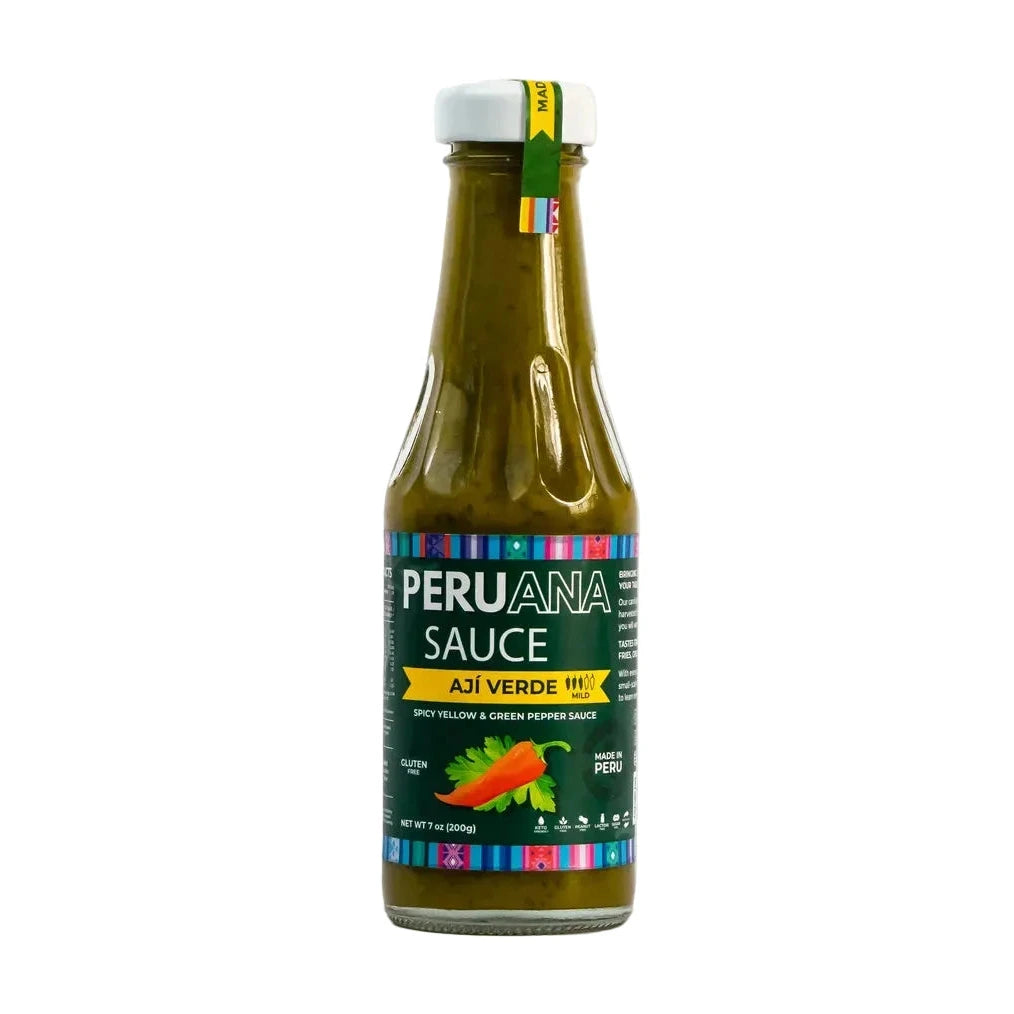 Peruana Sauce Ají Verde bottle on a white background