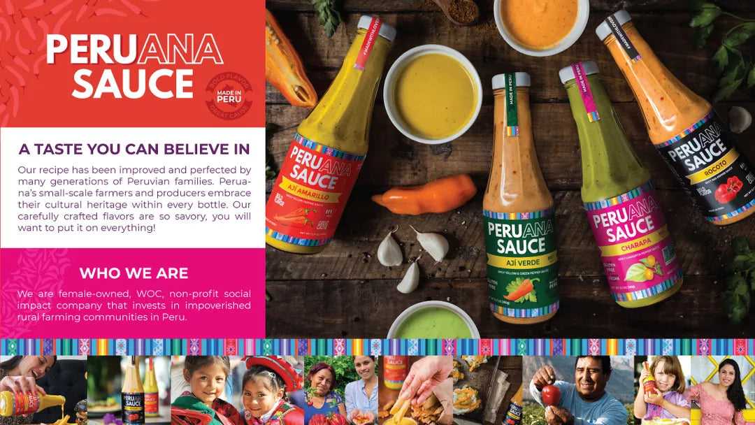 Peruña Sauce bottles with a wooden background and people enjoying food.