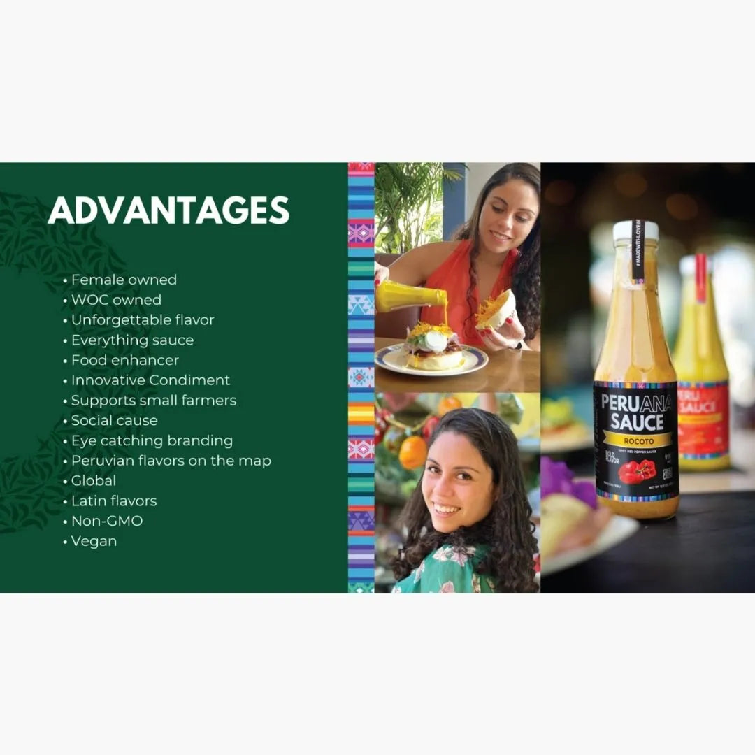 Advertisement for Peruvian sauce with images of a woman, food, and sauce bottles on a green background.