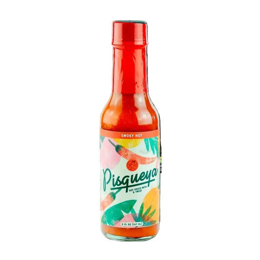 Pisqueya hot sauce bottle with colorful label on a white background