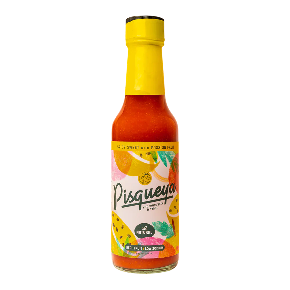 Pisqueya hot sauce bottle with colorful label on a white background