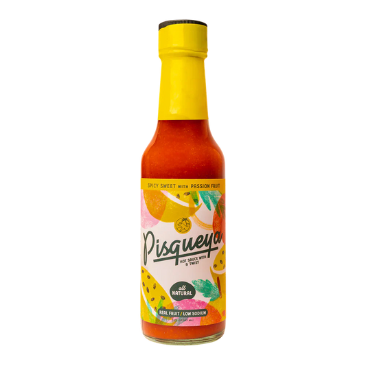 Pisqueya hot sauce bottle with colorful label on a white background