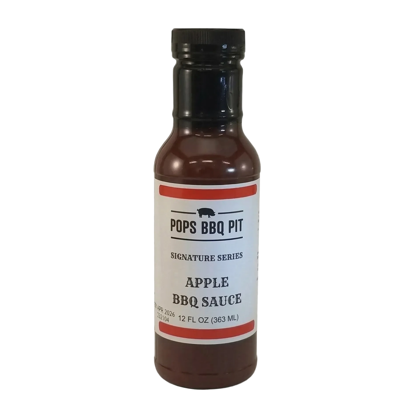 Bottle of Pops BBQ Pit Apple BBQ Sauce on a white background