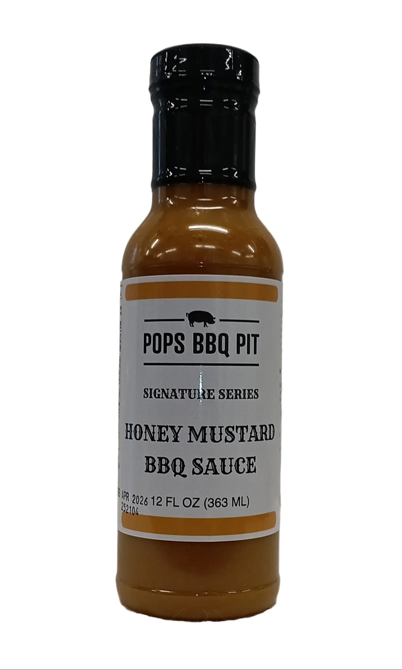 Bottle of Pops BBQ Pit Honey Mustard BBQ Sauce on a white background