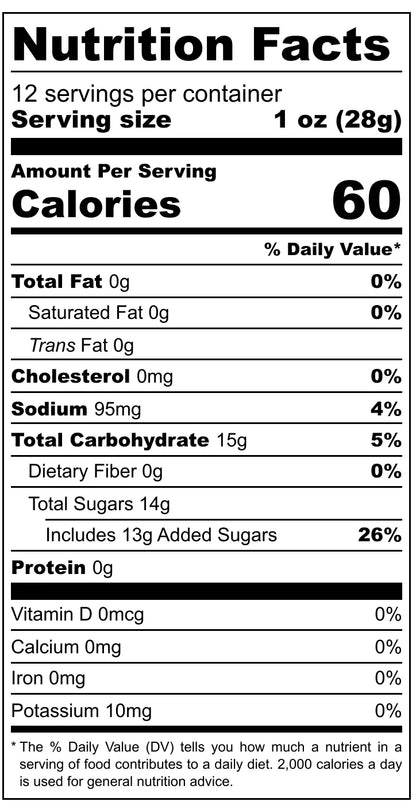 Nutrition facts label for a food product with serving size, calories, and detailed nutritional information.