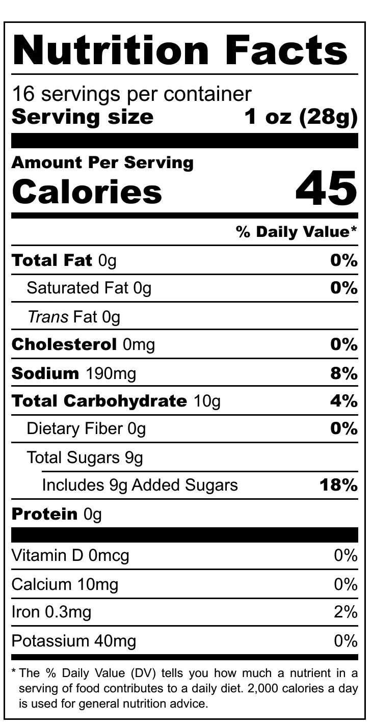 Nutrition facts label for a product with 45 calories per serving.