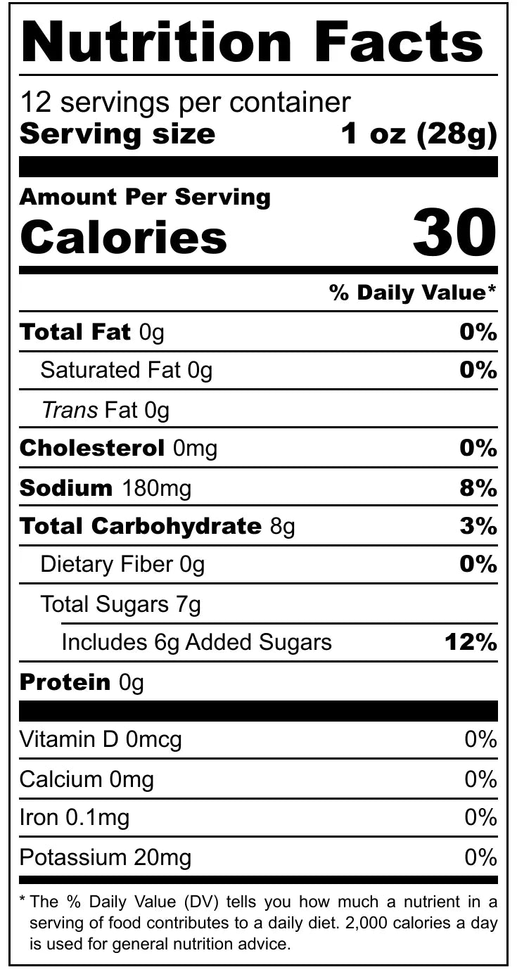 Nutrition facts label for a product with 30 calories per serving, no fat, cholesterol, or sodium, and 8 grams of total carbohydrates.