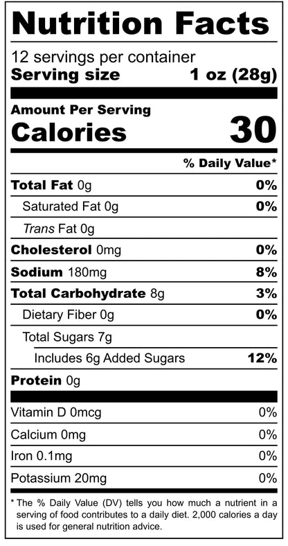 Nutrition facts label for a product with 30 calories per serving, no fat, cholesterol, or sodium, and 8 grams of total carbohydrates.