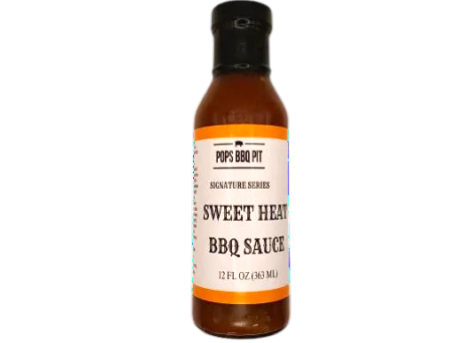 Bottle of Pops BBQ Pit Sweet Heat BBQ Sauce on a white background