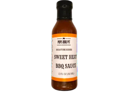Bottle of Pops BBQ Pit Sweet Heat BBQ Sauce on a white background