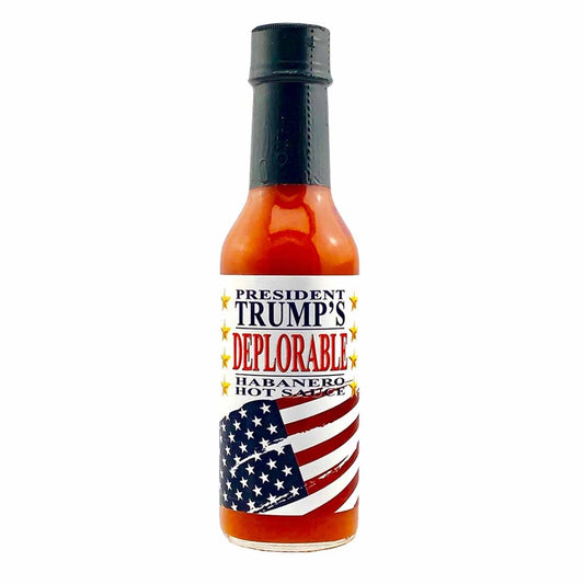 Bottle of President Trump's Deplorable Spicy Habanero hot sauce with American flag design and text on a white background