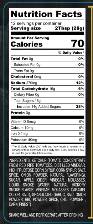 Nutrition facts label for Pucks Regulation Sweet and smokey BBQ sauce