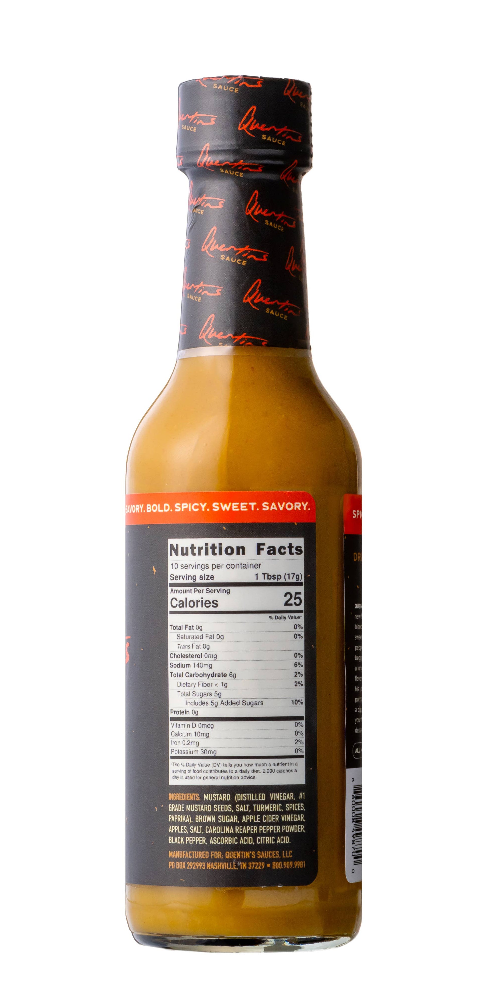 Hot sauce bottle with nutrition facts label on a white background