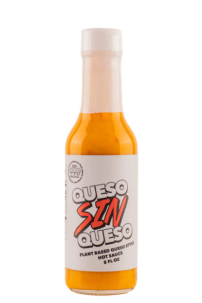 Bottle of Queso Sin Queso hot sauce on a white background