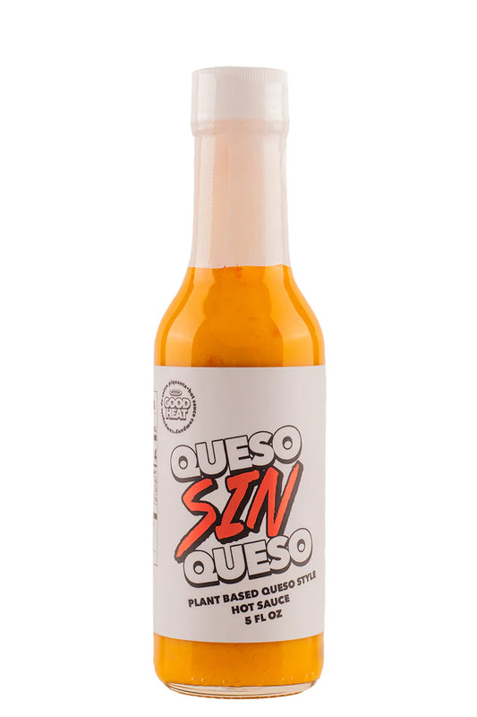 Bottle of Queso Sin Queso hot sauce on a white background