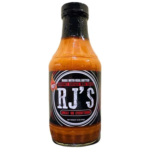 Bottle of RJ's Gourmet Buffalo Wing Sauce on a white background