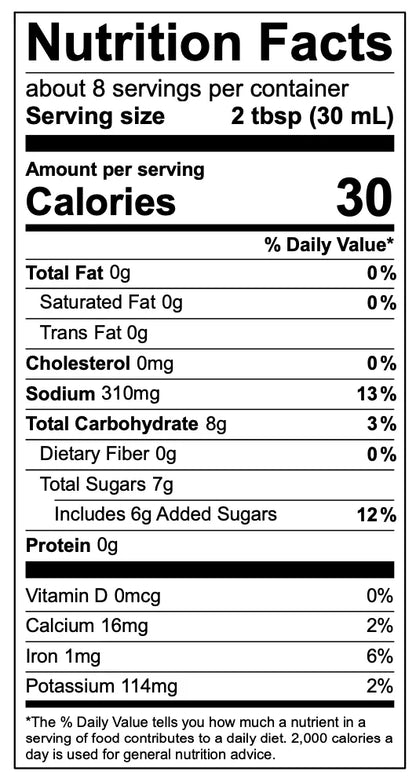 Rising Smoke Fiery Q BBQ Sauce Nutrition facts label 