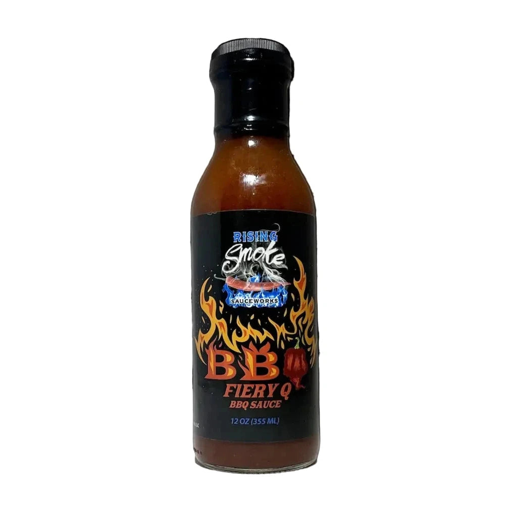 Bottle of Risks Smoke Fiery Q BBQ Sauce on a white background