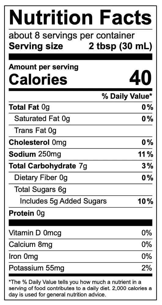 Nutrition facts label for Rising Smoke Drunken Smokehouse BBQ Sauce