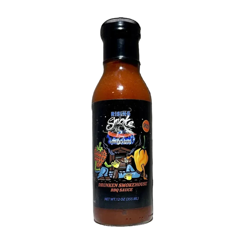 Bottle of Drunken Smokehouse BBQ Sauce on a white background