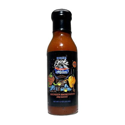 Bottle of Drunken Smokehouse BBQ Sauce on a white background