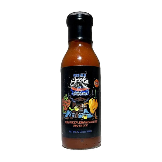 Bottle of Drunken Smokehouse BBQ Sauce on a white background
