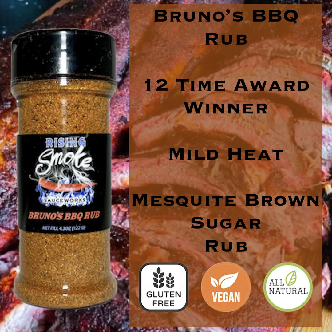 Bottle of Bruno's BBQ Rub with product details and images of grilled meat in the background