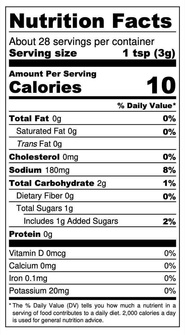 Nutrition facts label for a product with 10 calories per serving