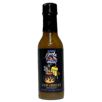 Bottle of Cur-ibean hot sauce with a black cap on a white background