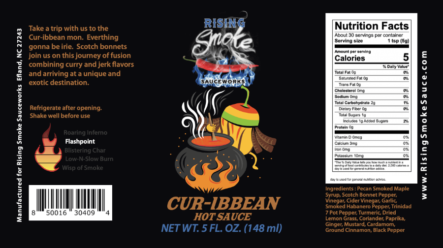 Rising Smoke Sauce Works Cur-ibbean hot sauce label with nutritional facts on a black background