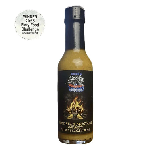 Bottle of Rising Smoke Fire Seed Mustard Hot Sauce on a white background