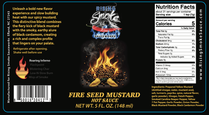 Fire Seed Mustard hot sauce label with nutritional information on a black background