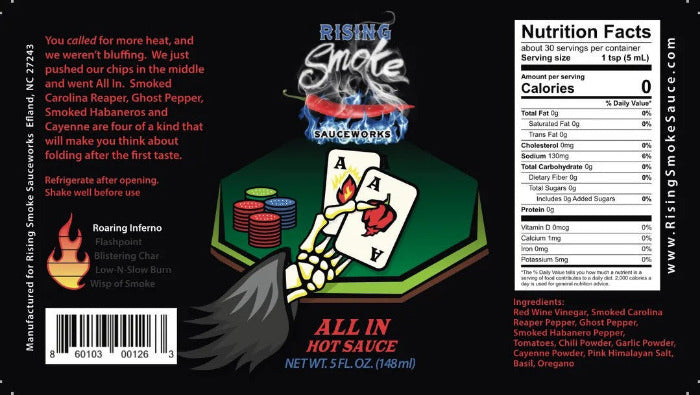 Rising Smoke Spices Works hot sauce label with nutritional information