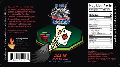 Rising Smoke Spices Works hot sauce label with nutritional information