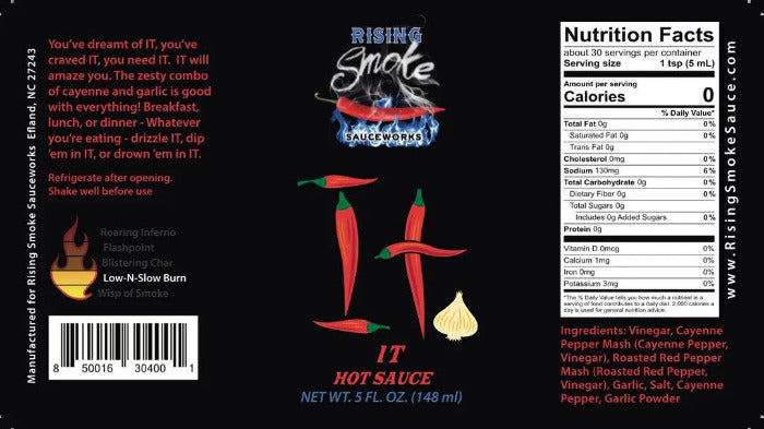 Rising Smoke It Hot sauce label with nutritional information and ingredients