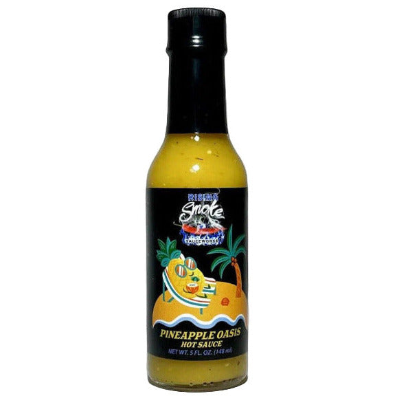 Bottle of Pineapple Oasis hot sauce with a colorful label
