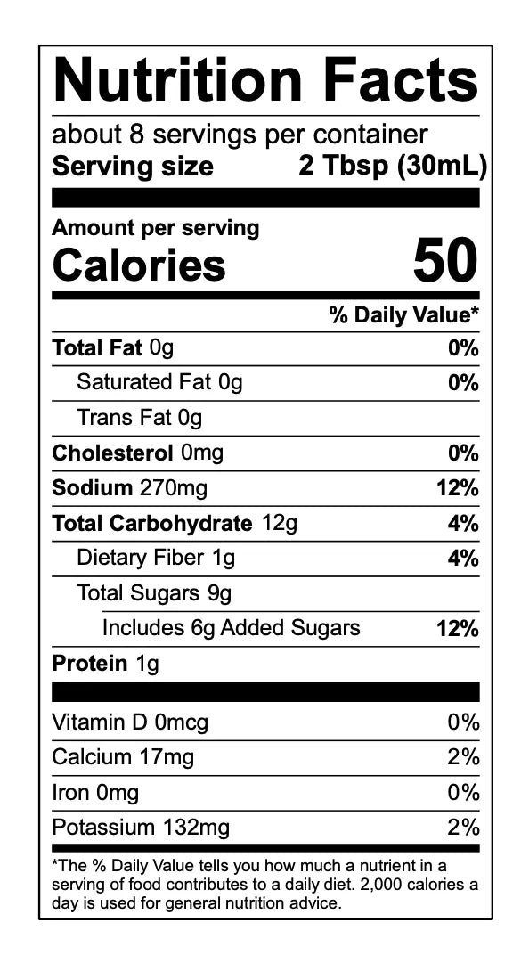 Nutrition facts label for Rising Smoke Barkin Q BBQ Sauce