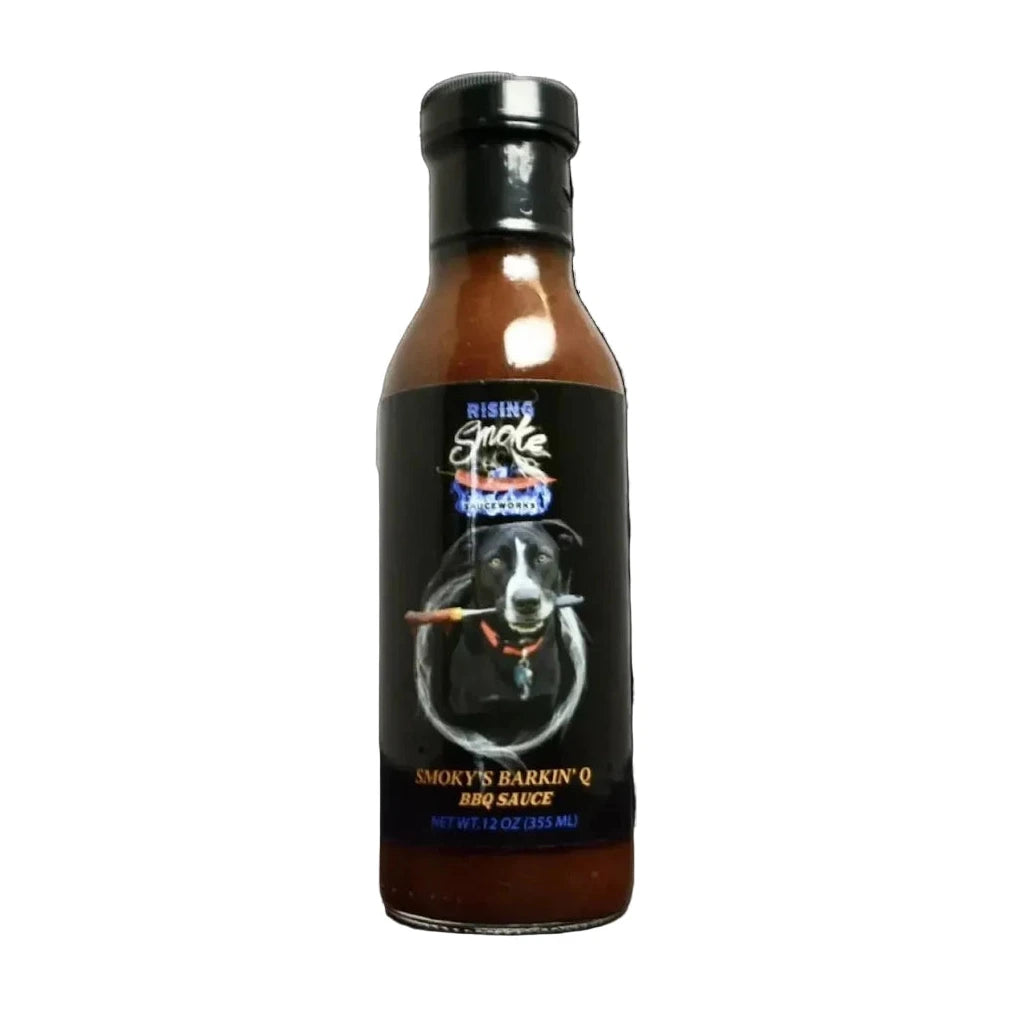 Bottle of Smokey's Harkin' Q BBQ Sauce with a dog graphic on the label against a white background