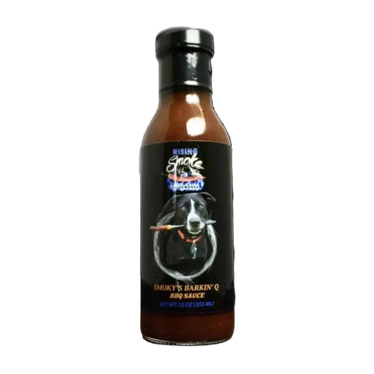 Bottle of Smokey's Harkin' Q BBQ Sauce with a dog graphic on the label against a white background