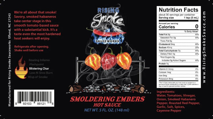 Rising Smoke Smoldering Embers Hot Sauce label with nutritional information and ingredients on a black background.