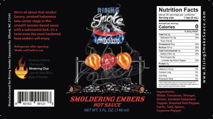 Rising Smoke Smoldering Embers Hot Sauce label with nutritional information and ingredients on a black background.