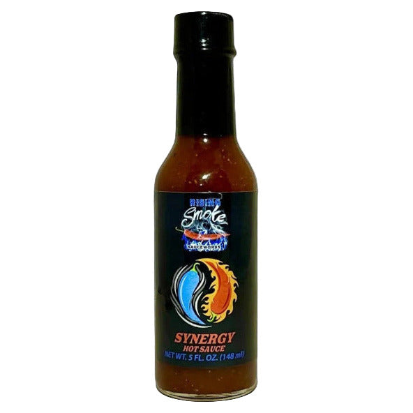 Bottle of Synergy hot sauce on a white background