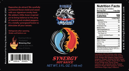 Rising Smoke Synergy Hot Sauce label with nutritional information and ingredients.