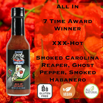 Hot sauce bottle with chili peppers in the background, featuring text about the sauce's ingredients and awards.
