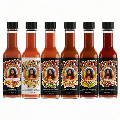 Set of Rocky's Hot Sauce bottles with various flavors on a white background