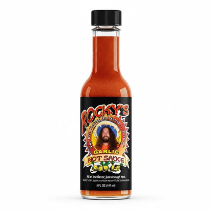 Bottle of Rocky's Garlic Hot Sauce on a white background