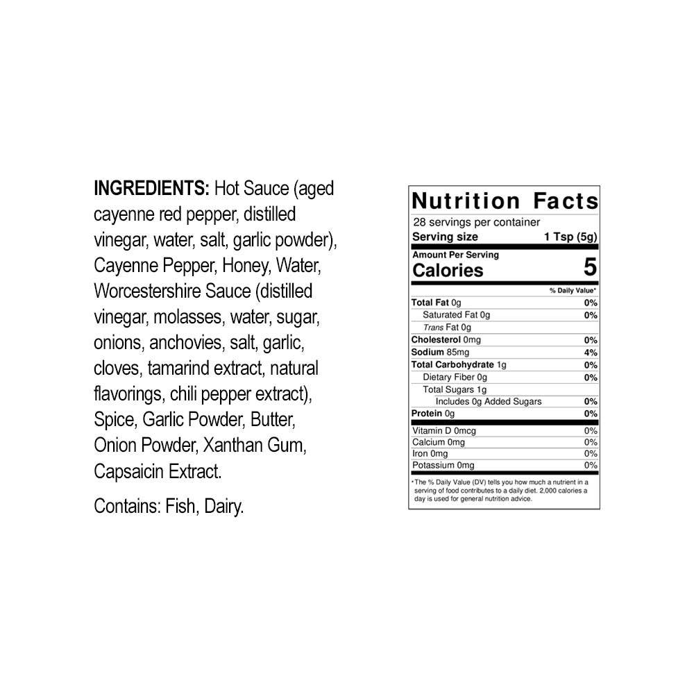Nutrition facts and ingredient list for Rocky's Garlic hot sauce on a white background