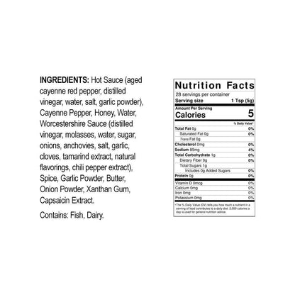 Nutrition facts and ingredient list for Rocky's Garlic hot sauce on a white background