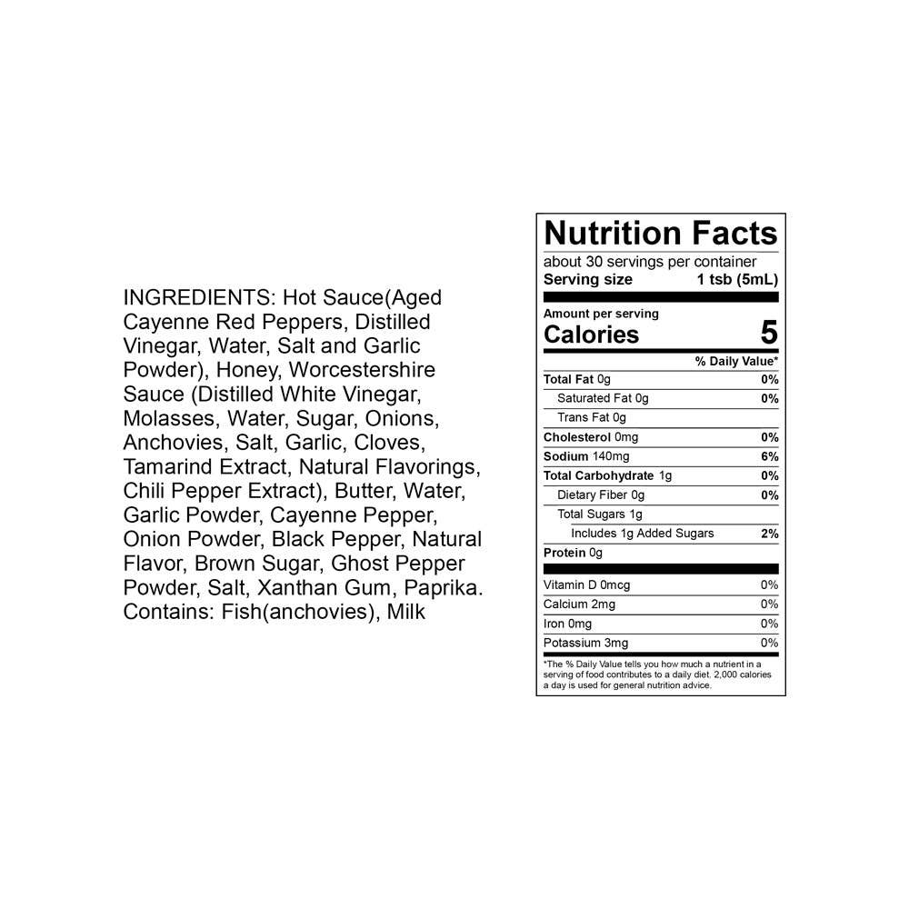Nutrition facts label for Rocky's Nashville hot sauce with ingredients list on a white background
