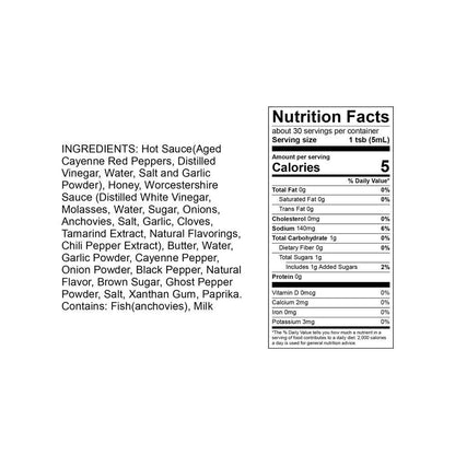 Nutrition facts label for Rocky's Nashville hot sauce with ingredients list on a white background